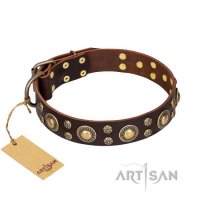 "Flower Melody" FDT Artisan Brown Leather Dog Collar with Mixed Studs