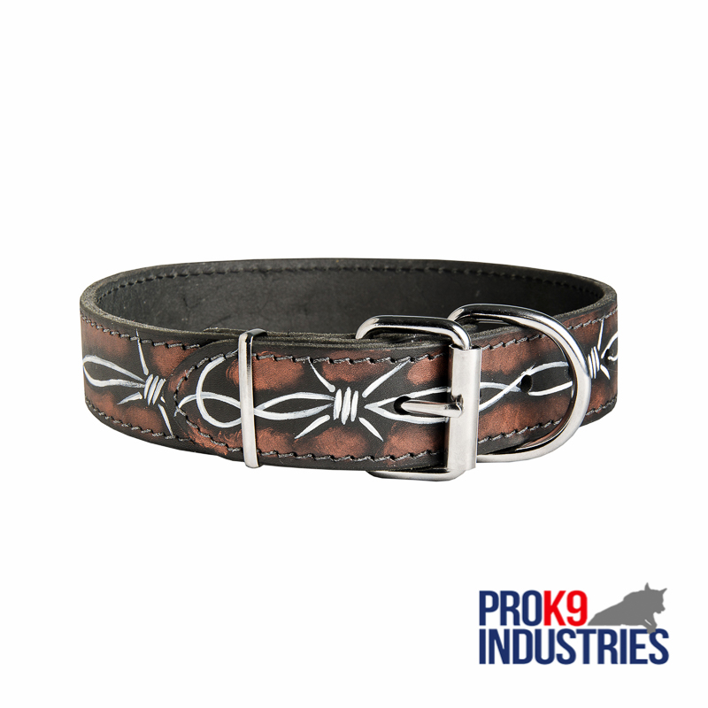 Handpainted Leather Dog Collar with Barbed Wire Drawing