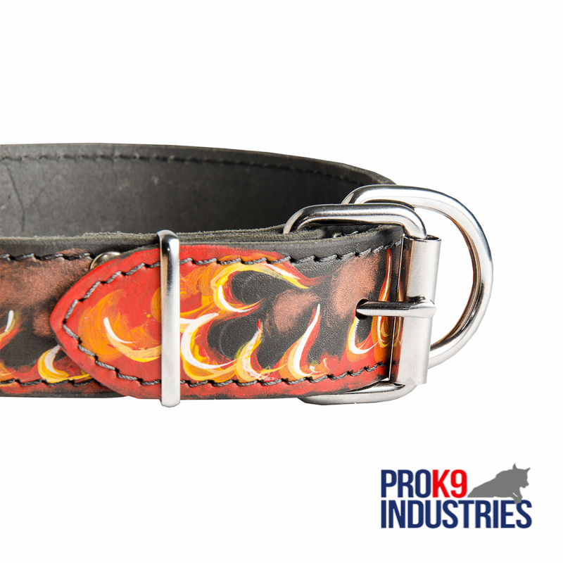 Handpainted Leather Dog Collar with Red Flames