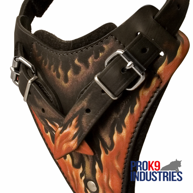 Handpainted in Flames Leather Dog Harness for Agitation Training