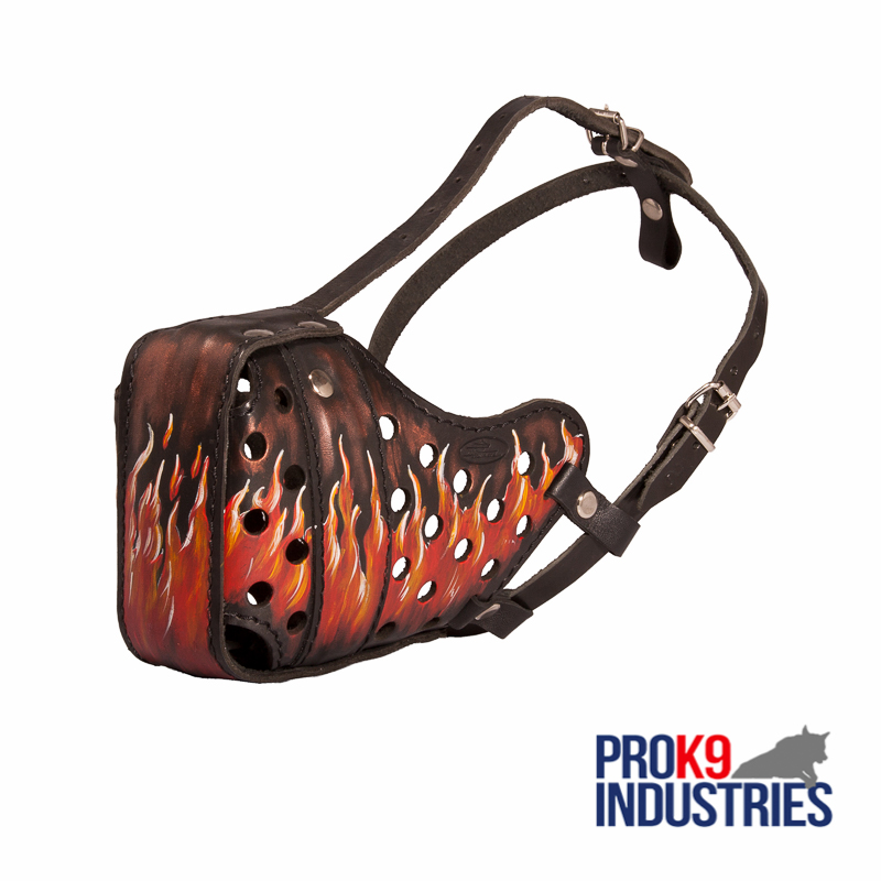 Burning Fire Hand Painted Leather Dog Muzzle for Attack Training