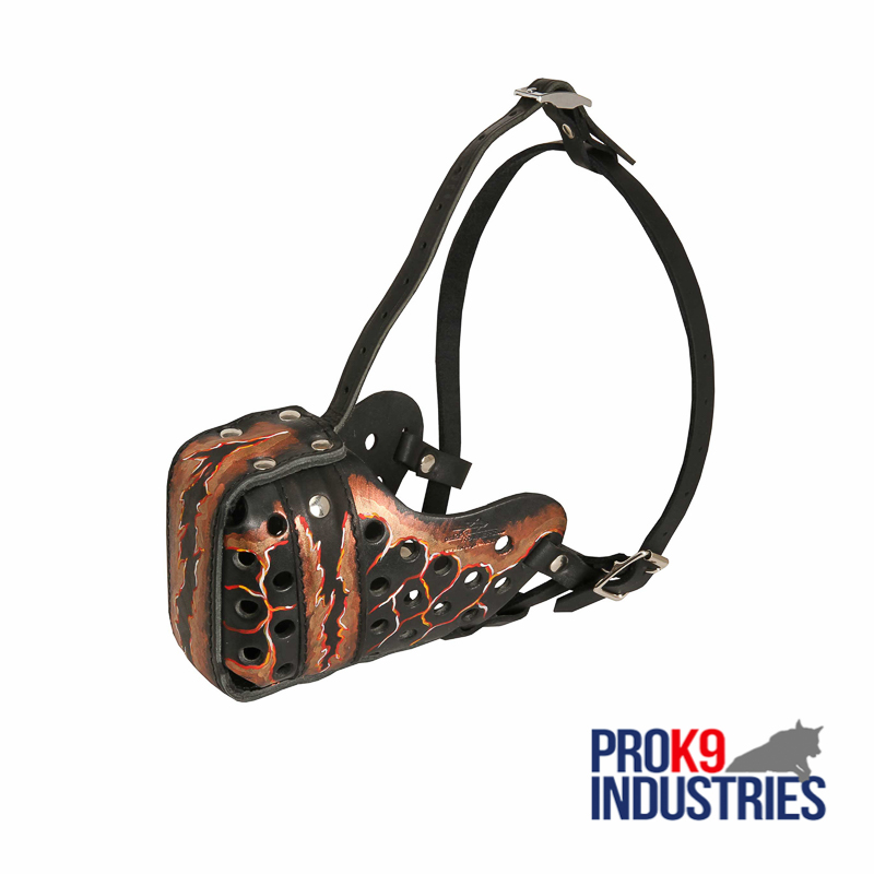 "Lava" Hand painted leather dog agitation and fight muzzle